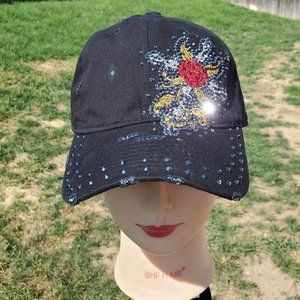 Ladies Black Barbed wire Cross BLING Hat
